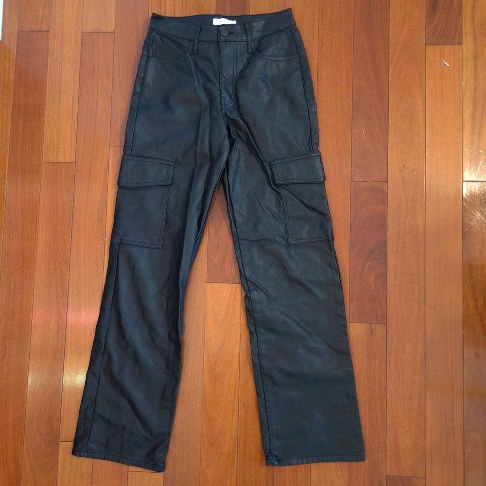 TGLA Faux Leather Cargo Pants Womens 24 Black Straight Leg Pockets
